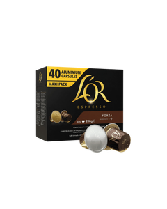 L'Or Espresso Forza 40 capsule aluminiu compatibile Nespresso, L'OR Espresso Forza, L'OR Forza 40 capsule, capsule cafea L'OR Forza, capsule compatibile Nespresso, L'OR Espresso capsule, cafea Arabica, capsule cafea aluminiu