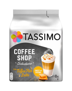 Tassimo Jacobs Coffee Shop Toffee Nut Latte 16 capsule cafea, Tassimo Jacobs Toffee Nut Latte, capsule cafea Tassimo, cafea Tassimo 16 capsule, latte aromat, cafea cu caramel și nuci, cafea Jacobs, băutură caldă Tassimo, cafea dulce, capsule cafea aromată