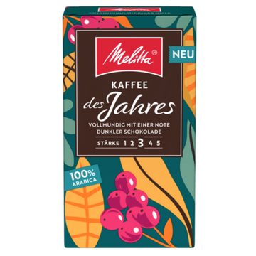 Melitta Kaffee des Jahres cafea macinata 250g este o cafea 100% Arabica. Această cafea este concepută pentru momentele cu totul speciale, cu o aromă echilibrată din punct de vedere aromatic și o notă fină de migdale, ce beneficiează de o prăjire lentă și 