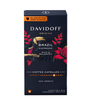 Davidoff Origins Brazil 10 capsule aluminiu compatibile Nespresso, cafea Davidoff Origins Brazil, capsule cafea Davidoff, Davidoff Brazil capsule, cafea 100% arabica, capsule cafea Brazilia, cafea espresso Davidoff, cafea premium Davidoff, Davidoff cafea 