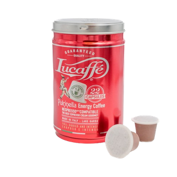 capsule nespresso, capsule lucaffe nespresso, pulcinella nespresso, Lucaffe Pulcinella capsule cafea, capsule cafea nespresso, cafea nespresso, cafea lucaffe nespresso, lucaffe nespresso, pulcinella nespresso 22 buc, capsule cafea nespresso cutie metalica