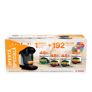 Pachet 12 cutii capsule Tassimo Jacobs + aparat cafea Bosch Style, Tassimo Jacobs, capsule Tassimo, Bosch Tassimo Style, aparat cafea Tassimo, tassimo, cafea tassimo, cafea espresso, cafea crema, cafea americano, cafea Tassimo Jacobs, aparat cafea capsule