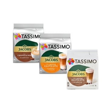 Pachet capsule Tassimo Mix 48 capsule Cappuccino & Latte Macchiato (24 bauturi), Tassimo Mix 48 capsule, pachet Tassimo 48 capsule, Tassimo Cappuccino Classico, Tassimo Latte Macchiato Classico, Tassimo Latte Macchiato Caramel, Jacobs Cappuccino Classico,