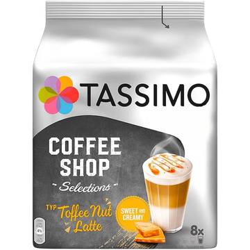 Tassimo Jacobs Coffee Shop Toffee Nut Latte 16 capsule cafea, Tassimo Jacobs Toffee Nut Latte, capsule cafea Tassimo, cafea Tassimo 16 capsule, latte aromat, cafea cu caramel și nuci, cafea Jacobs, băutură caldă Tassimo, cafea dulce, capsule cafea aromată