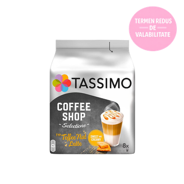 Tassimo Jacobs Coffee Shop Toffee Nut Latte 16 capsule cafea, Tassimo Jacobs Toffee Nut Latte, capsule cafea Tassimo, cafea Tassimo 16 capsule, latte aromat, cafea cu caramel și nuci, cafea Jacobs, băutură caldă Tassimo, cafea dulce, capsule cafea aromată