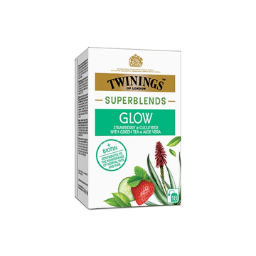 Ceai Twinings Superblends Glow 18 plicuri reprezintă o infuzie de plante cu aromă de căpșuni și castraveți cu ceai verde, aloe vera și adaos de biotină.  Când pielea și părul strălucesc, corpul radiează încredere și o stare de bine. 