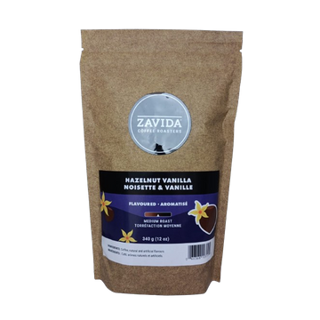 Zavida Hazelnut Vanilla cafea boabe cu alune de padure si vanilie 340gr, cafea, cafea boabe, cafea aromata, cafea cu ciocolata, cafea premium, cafea origine, cafea zavida, cafea zavida chocolate, Zavida cafea boabe cu alune de padure si vanilie