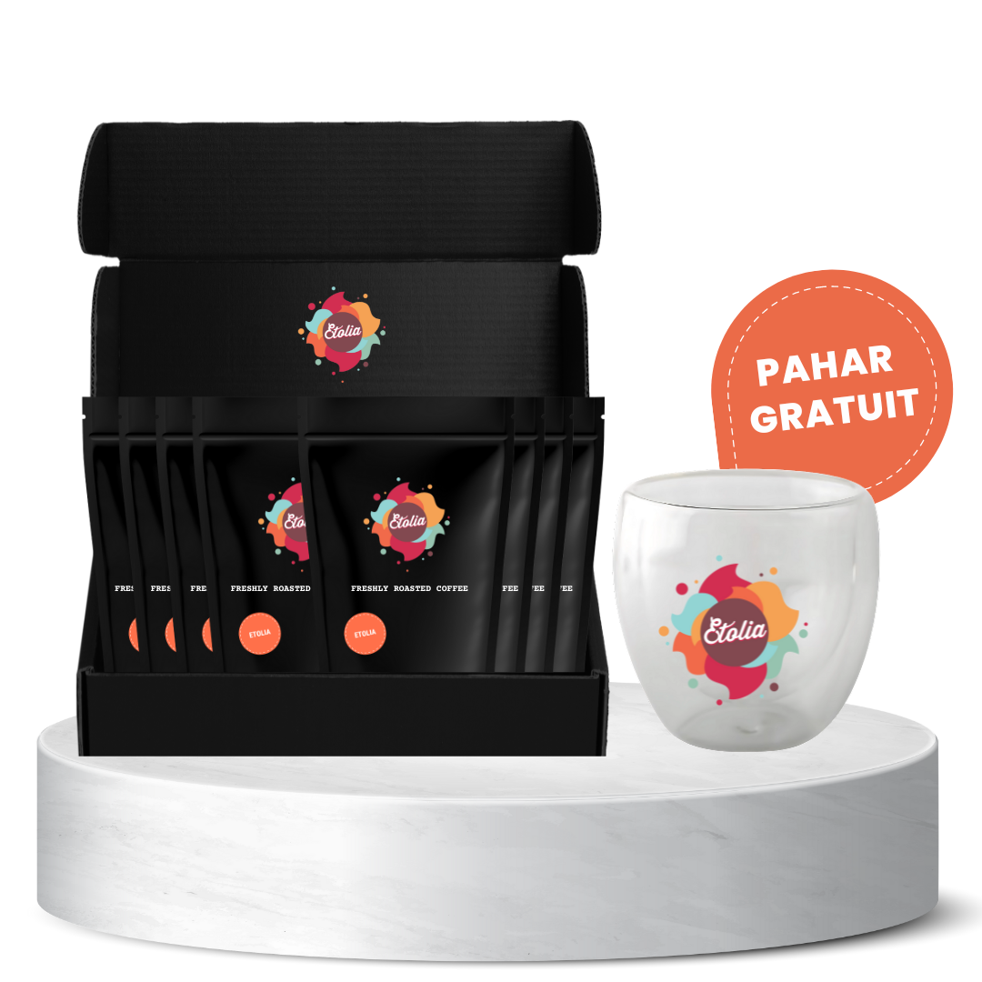 Pachet degustare Etolia cafea boabe proaspat prajita 8 origini  + GRATUIT Pahar sticla Espresso pereti dubli 100ml